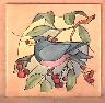 Bird in Pyracantha, 6 inch square tile - simulated stained glass
